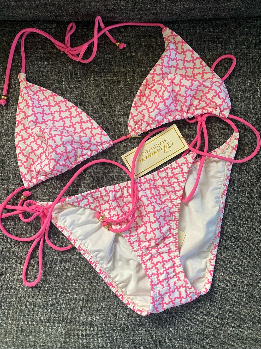 NWT Shoshanna Pink White Pattern Tie-Side Triangle Bikini Small D/DD
